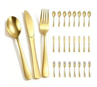 ZblPyro 24Pcs Gold Reusable Cutlery Set, Elegant & Heavy-Duty Tableware - 8 Knives, 8 Forks, 8 Spoons - Washable & Reusable for Birthday, Wedding, Picnic, Holiday Parties