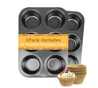 ZBXSNK 2Pcs Jumbo Muffin Trays, Large Cupcake Tin with 60 Cupcake Liners | 12.7"x8.66"x1.77" Carbon Steel Oven Safe to 230°C, 6-Cavity Deep Nonstick Cake Trays for Party and Baking, Reusable
