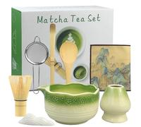 ZBXSNK Matcha Set - 8Pcs Handmade Matcha Kit Including Bamboo Whisk Scoop & Holder, Ceramic Bowl, Sifter, Tea Cloth & More with Elegant Box, Ideal Matcha Gift for Enthusiasts & Beginners