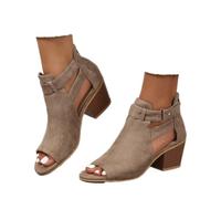 ZBYY Womens Peep Toe Ankle Booties Chunky Heels Cutout Back Zipper Sandals Suede Side Ankle Strap Dress Sandals, Grey, 7 UK