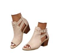 ZBYY Womens Peep Toe Ankle Booties Chunky Heels Cutout Back Zipper Sandals Suede Side Ankle Strap Dress Sandals, Beige, 9 UK