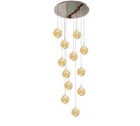 ZBZFGE Gold Adjustable Height Iron and Glass Stair Pendant Chandelier, Large Lights for Villa & High Ceilings (18 lights)