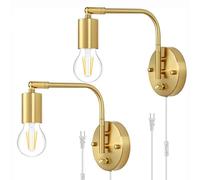 ZBZFGE Indoor Wall Lamp Dimmable with Plug and Switch, E27 Wall Light Vintage with 1.8M Cable Adjustable Swivel Arm Wall Reading Lamp Gold Bedside Lamp for Living Room Hallway Bedroom,B