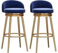 ZBZFGE Swivel Velvet Barstools with Low Back, Round Upholstered Bar Chair Set of 2, Gold Metal Frames Counter Stools for Kitchen,Home Bar,Dining Room(65/75cm Sitting Height) (Blue,65cm)