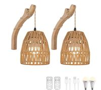 ZBZFGE Wood Boho Wall Lamp Battery Rattan Wall Sconce Without Power Rechargeable Wall Reading Lamp with Remote Control Dimmable Wall Lighting 2 Pieces Battery Cordless Wall Luminaires Rattan
