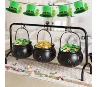 Zcaukya St. Patrick's Day Decorations, 3 Packs Plastic Witch Cauldrons Hanging On Iron Rack, Black Witch Pots Set with Stand Candy Holders for Haunted House Party Supplies Tabletop Decor