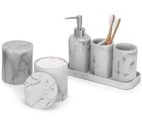 ZCCZ - Bathroom Accessories Set 6 Pcs - White Marble Design Toothbrush Holder, Lotion Soap Dispenser, 2 Qtip Holder Dispenser, Vanity Tray, Bathroom Tumbler - Decorative Countertop Vanity Organizer