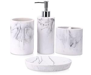 ZCCZ Bathroom Accessory Set - 4 Pcs, Marble Look Vanity Countertop Accessories with Soap Dispenser, Toothbrush Holder, Tumbler, Soap Dish - White