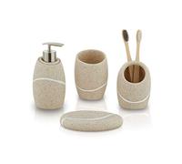 ZCCZ Beige Bathroom Accessory Set 4 Pieces - Organiser With Toothbrush Holder, Lotion Soap Dispenser, Vanity Tray and Soap Dish - Modern Decor Accessories