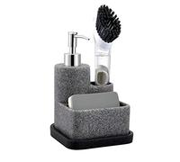 ZCCZ Black Soap Dispenser with Sponge Holder, Kitchen Soap Dispenser Pump, Sponge Caddy and Brush Holder 3 in 1 Set Organizer for Sink Countertop, Removable Tray, Marble Look (Brush NOT Included)