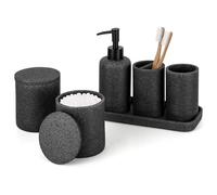 ZCCZ Black Stone Bathroom Accessories Set 6 Pieces - Toothbrush Holder, Lotion Dispenser, Qtip Container, Vanity Tray, Tumbler - Countertop Organizer for Bathrooms - Elegant and Functional Décor Set