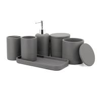 ZCCZ Gray Bathroom Accessories Set 6 Pieces - Toothbrush Holder, Lotion Dispenser, Qtip Container, Vanity Tray, Tumbler - Countertop Organizer for Bathrooms - Elegant and Functional Décor Set