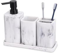 zccz Marble Bathroom Accessory Set - 4 Piece Complete Set - Soap Dispenser, Toothbrush Holder, Tray, Tumbler - Vanity Organizer, White