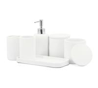 ZCCZ White Bathroom Accessory Set 6 Pieces - Organiser With Toothbrush Holder, Lotion Soap Dispenser, Vanity Tray and 2 Qtip Holders - Modern Decor Accessories