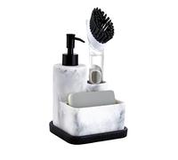 ZCCZ White Soap Dispenser with Sponge Holder, Kitchen Soap Dispenser Pump, Sponge Caddy and Brush Holder 3 in 1 Set Organizer for Sink Countertop, Removable Tray, Marble Look