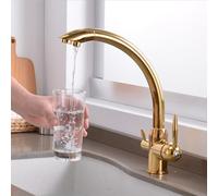 ZCCZJS 3 Way Kitchen Faucet Purified Water Sink Faucet 2 Handles Swivel Brass 3 Way Faucet-Oatmeal Color