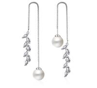 ZCCZJS 925 Sterling Silver Crystal Leaf Pearl Dangle Earring, Silver Long Chain Drop Earrings, Pull Through Threader Dangling Earrings for Women Gift