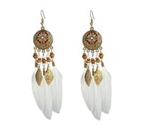 ZCCZJS Boho Feather Leaf Dangle Earrings for Women Girls Gold Plated Long Ball Bead Leaf Fringe CZ Enamel Dreamcatcher Statement Charms Drop Dangling Fish Hook Stud Lightweight Antique Bohemian