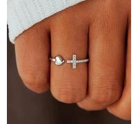 ZCCZJS Cross Rings for Teen Girls Silver/Gold Heart Ring Cubic Zirconia Adjustable Ring Inspirational Pray Cross Heart Religious Christian Faith Jewelry Gifts for Her(Gold) 10#