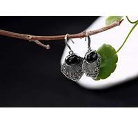 ZCCZJS Earrings for Women, Chinese Style Eardrop Earrings S925 Sterling Silver Retro Fan-shaped Matching All Thai Silver Women's Chalcedony Garnet Earrings