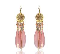 ZCCZJS Ethnic Style Feather Earring - Geometric Hollow Round Flower Pendant Feather Earrings, Exaggerated Simple Bohemian Handmade Feather Curved Needle Earrings ui