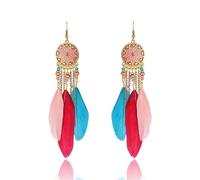 ZCCZJS Ethnic Style Feather Earring - Geometric Hollow Round Flower Pendant Feather Earrings, Exaggerated Simple Bohemian Handmade Feather Curved Needle Earrings ui