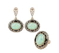 ZCCZJS Girl Products natural turquoise dangle earrings ring - vintage gemstone geometry pendant jewellery set,luxury black enamel party set accessories for ladies Gifts