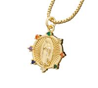 ZCCZJS Girls Accessories Gold Plated Copper Virgin Mary Medallion Pendant Necklace for Women, Colorful Cubic Zirconia Border, Cubic Zirconia, No Gemstone necklace
