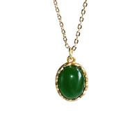 ZCCZJS S925 Necklace Women's Inlaid Emerald Chrysoprase Oval Pendant Clavicle Chain Jewelry
