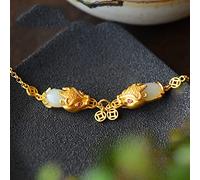 ZCCZJS S925 Sterling Silver Inlaid Hetian Jade White Jade Pi Xiu Bracelet Ancient Gold Retro Ornament