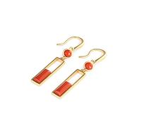 ZCCZJS S925 Sterling Silver Inlaid Red Agate Pendant Earrings Female Nephrite White Jade Gold Hook Geometric Rectangle All-Match Earrings White Jade (Colour Name:Red Agate) (Red Agate)