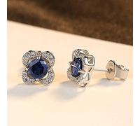 ZCCZJS Stud Earring Inlay Created Round Royal Sapphire Blue Topaz Women Solid Earring Fine Jewelry