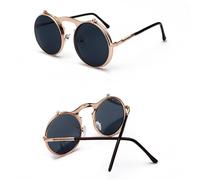 ZCCZJS Vintage Steampunk Flip Up Men Sunglasses Women Retro Round Metal Frame Sun Glasses Hinge Curved Glasses Legs UV400