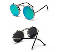 ZCCZJS Vintage Steampunk Flip Up Men Sunglasses Women Retro Round Metal Frame Sun Glasses Hinge Curved Glasses Legs UV400