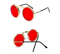 ZCCZJS Vintage Steampunk Flip Up Men Sunglasses Women Retro Round Metal Frame Sun Glasses Hinge Curved Glasses Legs UV400