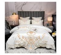 ZCCZJS White/Khaki Splicing Soft Satin Cotton Luxury Bedding Set d Royal Embroidery Duvet Cover Flat/Fitted Sheet Pillowcases,Bedding Set