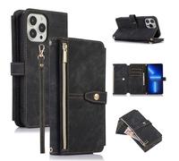 ZCDAYE for iPhone 15 Pro Max Case with Card Holder, Premium Retro PU Leather Wristle Strap Zipper Kickstand Flip Cover Women Girl, Wallet Phone Case for iPhone 15 Pro Max(6.7 inch), Black