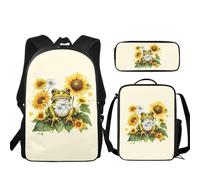 ZCFYGDX 16L Medium Capacity Backpack Combo Set Frog Sunflower Daisy Print | Lightweight Student Kit Includes 7x2.7x9 Inch Lunch Tote Bag & 8.2x3.9x1.5 Inch Pen Pouch