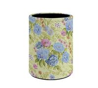 ZCFYGDX Leather Round Pen Holder for Desk Cute Stand Pencil Cup Pot Makeup Brush Holder Desk Organizer for Home Office Supplies Classroom Library, Accessories Decor Blue Flower Green Leaf Print