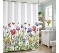 ZCHOMI Spring Tulip Floral Shower Curtain Wildflower Daisy Green Leaf Butterfly Bathroom Curtains Waterproof Polyester Fabric Bath Curtain 72 x 72 Inch with 12 Hooks