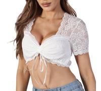 ZCJ Womens Blouse Dirndl Bavarian Costume White Lace Summer Top Short Sleeve V Neck Ladies Shirt Authentic Oktoberfest Wear L
