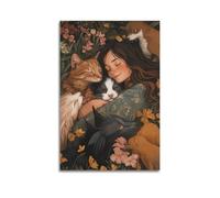 ZCJYMX Charming Girl Embraced by Adorable Cats And Dogs Amidst Blooming Flowers Art Poster Abstract Canvas Wall Art Minimalist Modern Mural Decorative Painting Hanging 12x18inch(30x45cm)