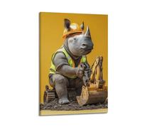 ZCJYMX Funny Rhino in Construction Gear Operating A Digger Poster Canvas Wall Art Minimalist Modern Mural Decorative Painting Hanging 08x12inch(20x30cm)