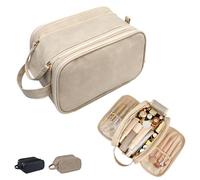 ZCLBJIAHUI Travel Toiletry Bag for Women PU Leather Triple-layer Double Zipper Makeup bag，Portable Waterproof with Handle Mens Toiletry bag Stowable Brushes Set, Toiletries，Makeup Accessories, Beige