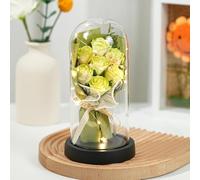 zCloud Flowers Fresh Bouquet,7 Eternal Roses in Glass Dome with LED Lights Luxury Artificial Flower Gift for Women Wife Mum Birthday Valentine's Day Anniversary Wedding Home Decor (Green)