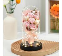 zCloud Flowers Fresh Bouquet,7 Eternal Roses in Glass Dome with LED Lights Luxury Artificial Flower Gift for Women Wife Mum Birthday Valentine's Day Anniversary Wedding Home Decor (Pink)