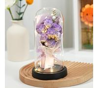 zCloud Flowers Fresh Bouquet,7 Eternal Roses in Glass Dome with LED Lights Luxury Artificial Flower Gift for Women Wife Mum Birthday Valentine's Day Anniversary Wedding Home Decor (Purple)