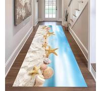ZCLRUG Beach Ocean Runner Rug, 50 x 150 cm Coastal Starfish Seashell Sandy Nautical theme Washable Rugs, Low Pile Non-shedding Natural Beach Style blue white Floor mat for Hallway Living Room Carpet