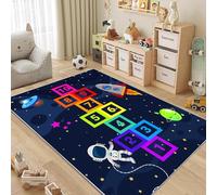 ZCLRUG Cartoon Hopscotch Play Area Rug, 100 x 150 cm universe astronaut Rocket Colorful number Educational Rug, Soft Non-Slip Washable Dark blue Floor mat for Playroom Living Room indoor Carpet