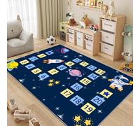 ZCLRUG Cartoon Kids Education Area Rug, 60 x 110 cm astronaut spaceship Rocket number Star Washable Rug, Soft Low Pile Non-Slip Childlike Dark blue Floor mat for Bedroom Kids Room Playroom Carpet